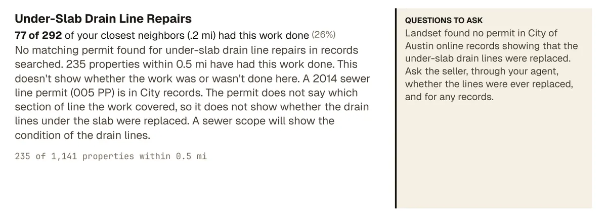 Neighborhood permit comparison card from a sample Landset Property Brief: 77 of the 292 closest neighbors had under-slab drain line repairs permitted, with questions to ask the inspector.