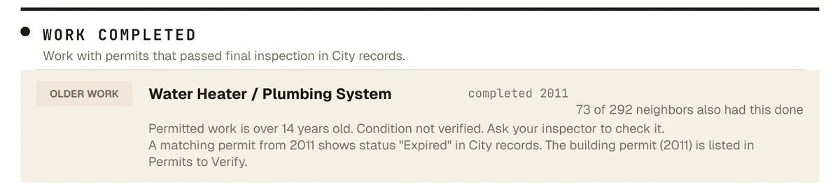 Work Completed row from a sample Landset Property Brief showing a 2011 Austin water heater permit with an Older Work badge.